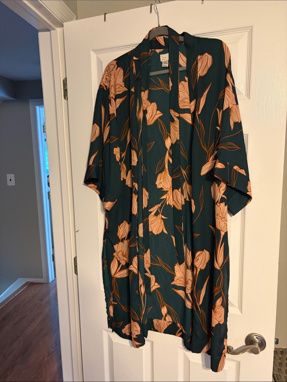 a new day Teal Floral Open Front Kimono with Peach Accents
